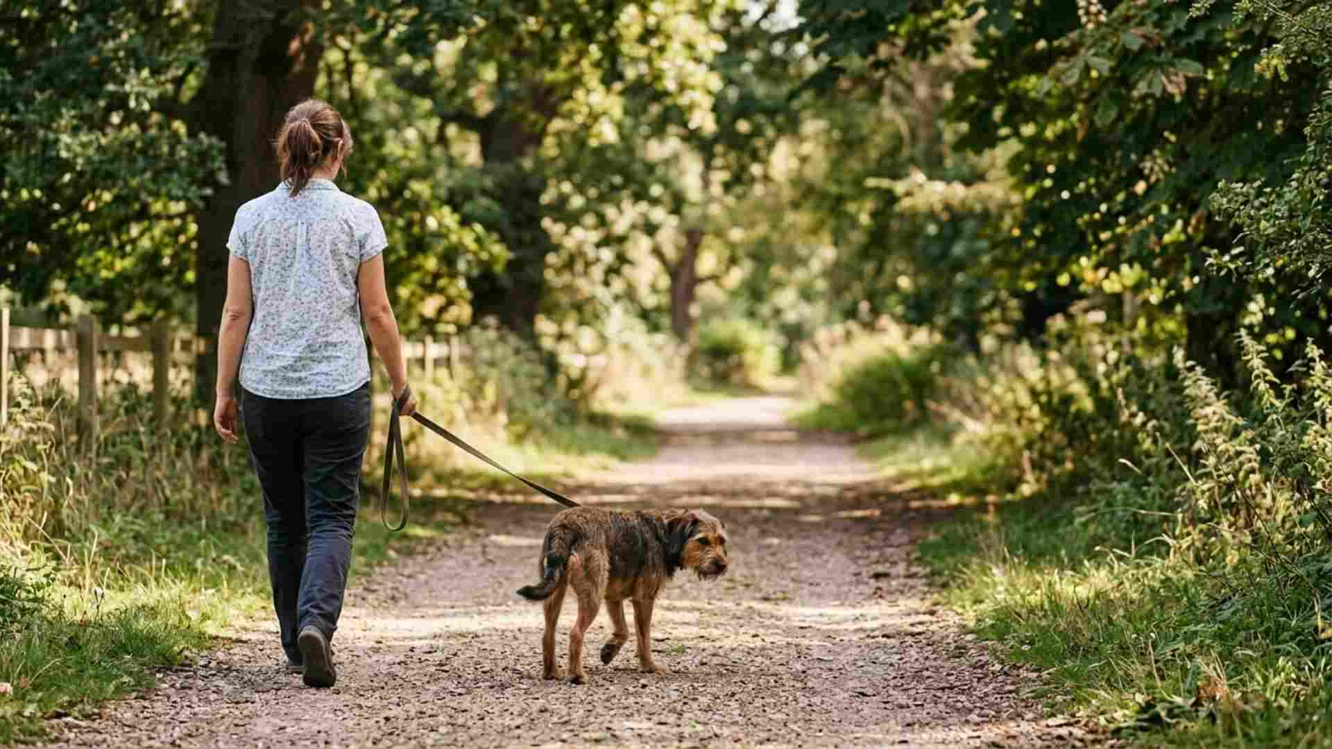 tutor paseando a su perrete con correa larga suelta por una zona tranquila al aire libre